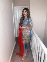 Load image into Gallery viewer, 3pc Blue chiffon Embroidered Shalwar Kameez with Red Chiffon Embroidered Dupatta Stitched Suit Ready to wear

