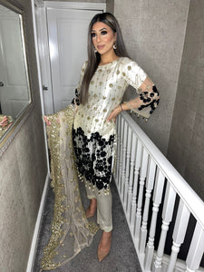 3pc Net WHITE/CREAM Embroidered Shalwar Kameez with Net dupatta Stitched Suit Ready to wear HW-WHITE/CREAM