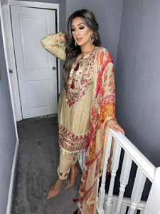 3 pcs Beige Lilen shalwar Suit Ready to Wear with chiffon dupatta winter MB-1000A