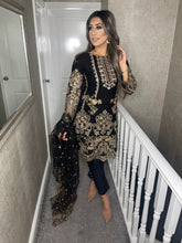 Load image into Gallery viewer, 3pc Black Embroidered Shalwar Kameez with Net dupatta Stitched Suit Ready to wear HW-BLACK
