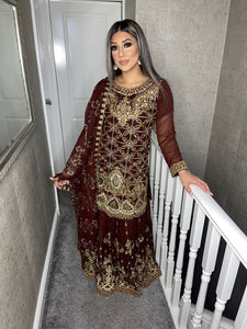 3pc BROWN Embroidered Lehenga Shalwar Kameez Stitched Suit Ready to wear HW-BROWN01