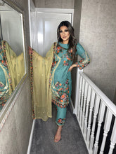 Load image into Gallery viewer, 3pc  Sea Blue Embroidered suit with Lemon Green Chiffon dupatta Embroidered Stitched Suit Ready to wear HW-1753
