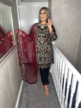 Load image into Gallery viewer, 3pc BLACK Embroidered Shalwar Kameez with MAROON Chiffon dupatta Stitched Suit Ready to wear HW-BLACKMAROON
