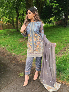 3pc Dark Grey Embroidered suit with chiffon dupatta Embroidered Stitched Suit Ready to wear