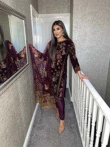 3pc PLUM Velvet Embroidered Shalwar Kameez Stitched Suit Ready to wear HW-5202D