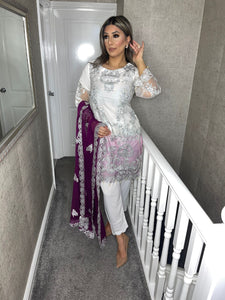 3pc White net with Silver Embroidery Shalwar Kameez with purple Chiffon Dupatta Ready to wear suit HW-WHITESILVER