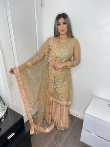 3pc Gold and Pink Embroidered Lehenga Shalwar Kameez Stitched Suit Ready to wear FP-39003