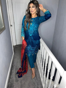 3 pcs Blue Lilen shalwar Suit Ready to Wear with Red chiffon dupatta winter MB-1014A