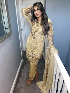 3pc Gold Embroidered Shalwar Kameez with Chiffon dupatta Stitched Suit Ready to wear KHA-GOLD