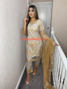 3pc Grey Embroidered Shalwar Kameez with Brown Embroidered Dupatta Stitched Suit Ready to wear