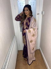 Load image into Gallery viewer, 3pc Purple Shrara suit with pink chiffon dupatta Embroidered Stitched Suit Ready to wear
