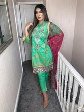 Load image into Gallery viewer, 3 pcs Stitched Spring Green suit Ready to wear lawn summer Wear with chiffon dupatta
