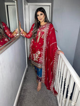 Load image into Gallery viewer, 3pc RED Embroidered suit with BLUE TROUSER and chiffon dupatta Stitched Suit Ready to wear KH-REDBLUE
