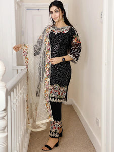 3pc Black chiffon Embroidered Shalwar Kameez with Net Embroidered Dupatta Stitched Suit Ready to wear KH-BLACK