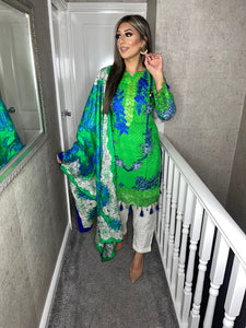 3 pcs GREEN WHITE Lilen shalwar Suit Ready to Wear with chiffon dupatta winter MB-167A