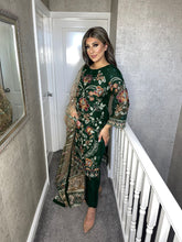 Load image into Gallery viewer, 3pc Dark Green Embroidered Shalwar Kameez with Net dupatta Stitched Suit Ready to wear HW-DT84

