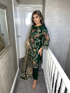 3pc Dark Green Embroidered Shalwar Kameez with Net dupatta Stitched Suit Ready to wear HW-DT84