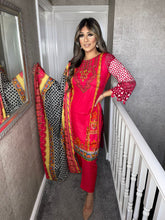 Load image into Gallery viewer, 3 pcs Stitched Red with trouser Suit Ready to wear Lilen winter Wear with lilen dupatta JF-REDLILEN
