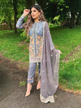 Load image into Gallery viewer, 3pc Dark Grey Embroidered suit with chiffon dupatta Embroidered Stitched Suit Ready to wear
