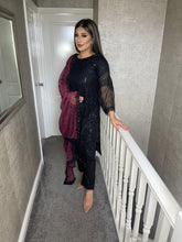 Load image into Gallery viewer, 3pc Black with Maroon Chiffon Dupatta Shalwar Kameez Stitched Suit Ready to wear JF-BLACKMAROON
