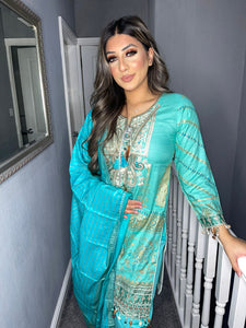 3 pcs Bright Turquoise Lilen shalwar Suit Ready to Wear with Lilen dupatta winter SS-169B