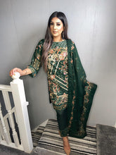 Load image into Gallery viewer, 3pc Dark Green Embroidered suit with chiffon dupatta Embroidered Stitched Suit Ready to wear HW-DARKGREEN
