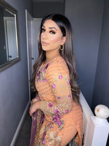 3pc Peach chiffon Embroidered Shalwar Kameez with purple Chiffon Dupatta Stitched Suit Ready to wear UQ-PEACHPURPLR