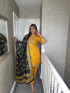 3 pcs MUSTARD Stitched lawn shalwar Suit Ready to Wear with NAVY Lawn dupatta OB-MUSTARDNAVY