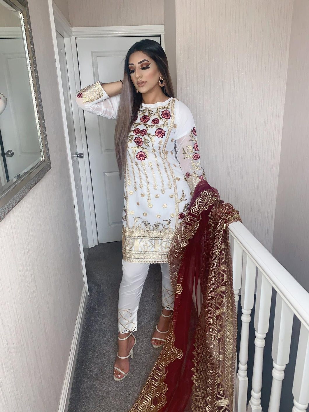 3pc White chiffon with Gold Embroidery Shalwar Kameez with Organza Dupatta Stitched Suit Ready to wear