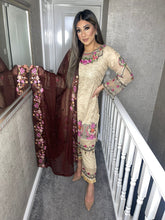Load image into Gallery viewer, 3pc Beige Embroidered Shalwar Kameez with Chiffon dupatta Stitched Suit Ready to wear UQ-1759
