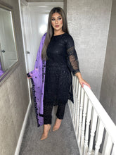 Load image into Gallery viewer, 3pc Black with Lilac Chiffon Dupatta Shalwar Kameez Stitched Suit Ready to wear JF-BLACKLILAC
