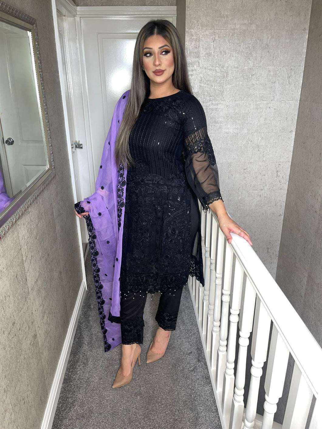 3pc Black with Lilac Chiffon Dupatta Shalwar Kameez Stitched Suit Ready to wear JF-BLACKLILAC