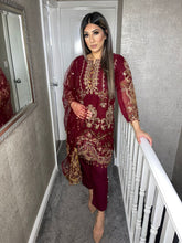 Load image into Gallery viewer, 3pc MAROON Embroidered Shalwar Kameez with Net dupatta Stitched Suit Ready to wear HW-MAROON
