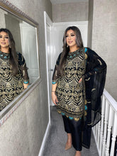 Load image into Gallery viewer, 3pc BLACK Embroidered Shalwar Kameez with Chiffon dupatta Stitched Suit Ready to wear HW-DT96
