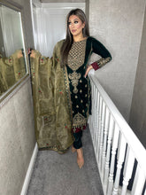 Load image into Gallery viewer, 3pc Dark Green Velvet Embroidered Shalwar Kameez Stitched Suit Ready to wear HW-1271A
