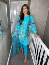 Load image into Gallery viewer, 3 pcs Stitched Blue shalwar Suit Ready to wear lawn summer Wear with chiffon dupatta AN-593B
