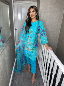 3 pcs Stitched Blue shalwar Suit Ready to wear lawn summer Wear with chiffon dupatta AN-593B