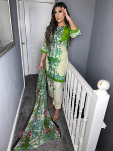 3 pcs Stitched Green lawn shalwar Suit Ready to Wear with chiffon dupatta MB-1007A