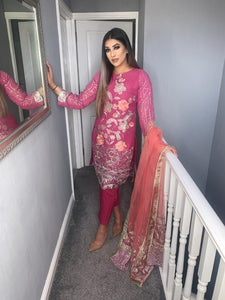 3pc Pink Embroidered suit with Net Dupatta dupatta Embroidered Stitched Suit Ready to wear KA-PINK