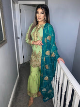 Load image into Gallery viewer, 3pc Green Shrara suit with Dark Green chiffon dupatta Embroidered Stitched Suit Ready to wear
