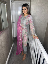 Load image into Gallery viewer, 3pc GREY  Embroidered Shalwar Kameez with PINK Chiffon dupatta Stitched Suit Ready to wear HW-GREYPINK
