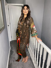 Load image into Gallery viewer, 3 pcs Stitched Dark Brown lawn shalwar Suit Ready to Wear with chiffon dupatta CH-06B
