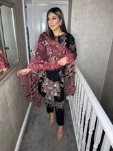 Load image into Gallery viewer, 3pc BLACK Embroidered Shalwar Kameez with NET Embroidered dupatta Stitched Suit Ready to wear HW-RM8C

