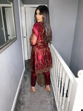 Load image into Gallery viewer, 3PC Net Burgundy Embroidered suit with Net dupatta Stitched Ready to wear HR-BURGUNDY
