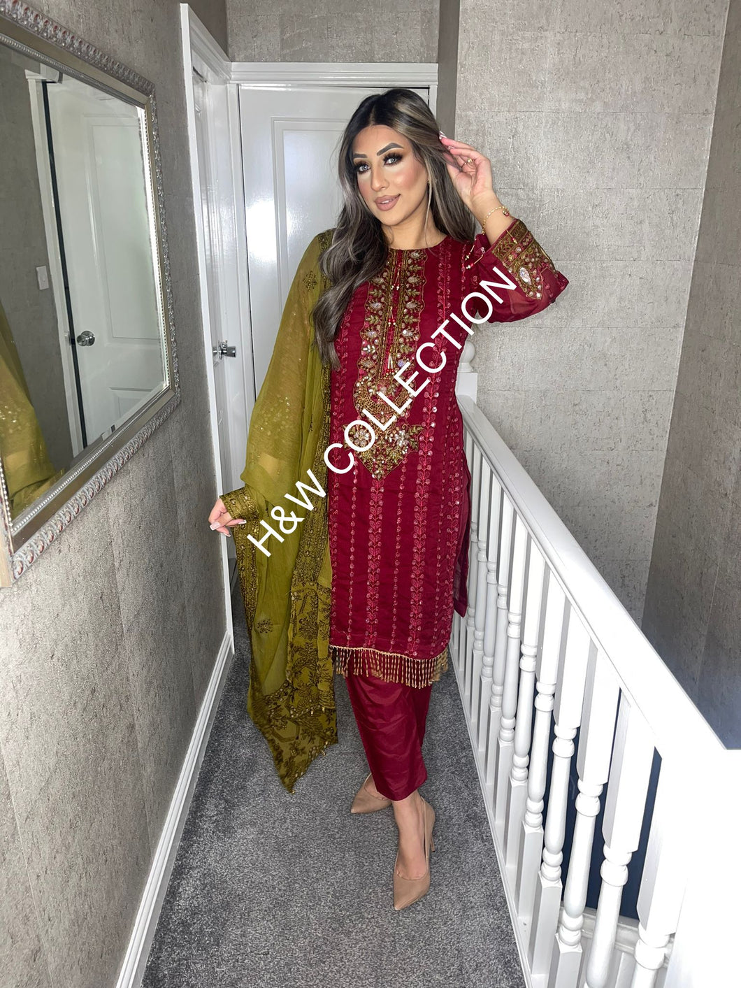 3pc Maroon Embroidered Shalwar Kameez with Olive Chiffon dupatta Stitched Suit Ready to wear AN-MAROONOLIVE