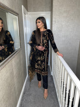 Load image into Gallery viewer, 3pc BLACK Velvet Embroidered Shalwar Kameez Stitched Suit Ready to wear HW-5202A
