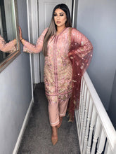 Load image into Gallery viewer, 3pc Pink Jacket style Embroidered suit with Maroon Net Dupatta dupatta Embroidered Stitched Suit Ready to wear
