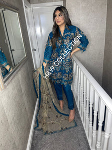 3pc Sea Blue Embroidered Shalwar Kameez with Chiffon dupatta Stitched Suit Ready to wear HW-SEABLUE
