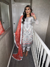 Load image into Gallery viewer, 3pc WHITE Embroidered Shalwar Kameez with PEACH dupatta Stitched Suit Ready to wear HW-UQ033
