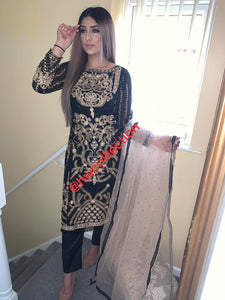 3pc Black Embroidered Shalwar Kameez with Net Embroidered Dupatta Stitched Suit Ready to wear